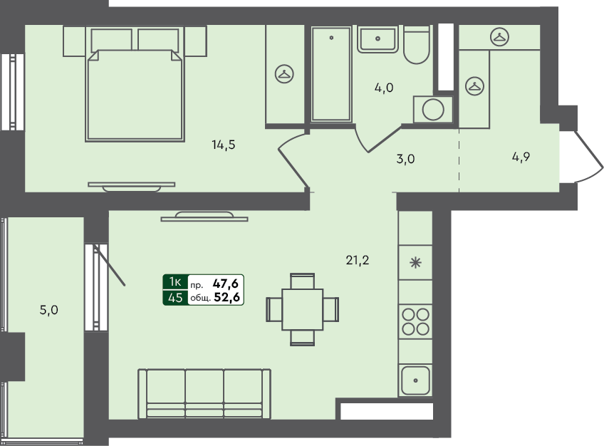 1-комн. квартира, 52.6 м², 2 из 3 этаж Планировка