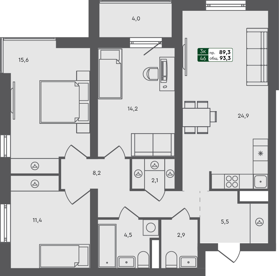 3-комн. квартира, 93.3 м², 2 из 3 этаж Планировка