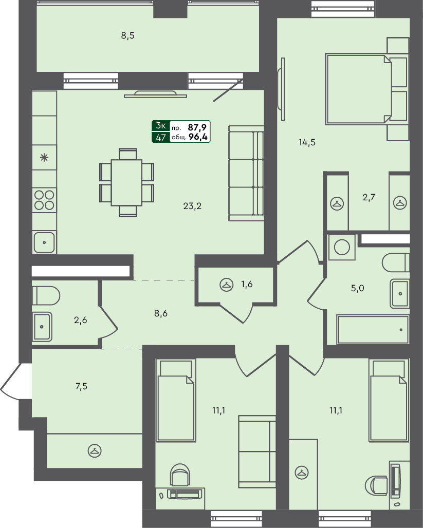 3-комн. квартира, 96.4 м², 2 из 3 этаж Планировка
