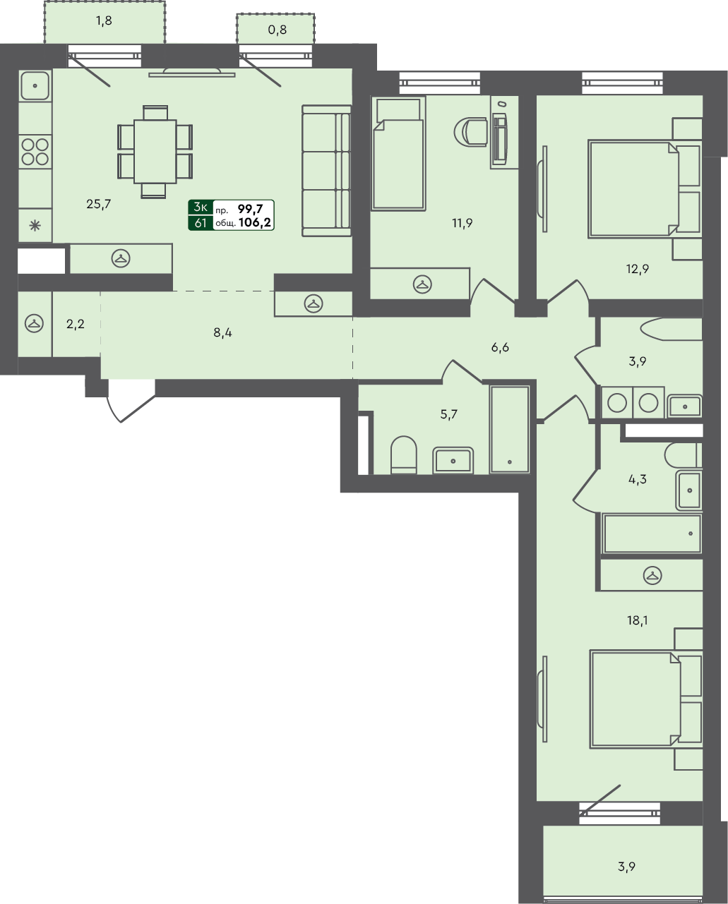 3-комн. квартира, 106.2 м², 2 из 7 этаж Планировка