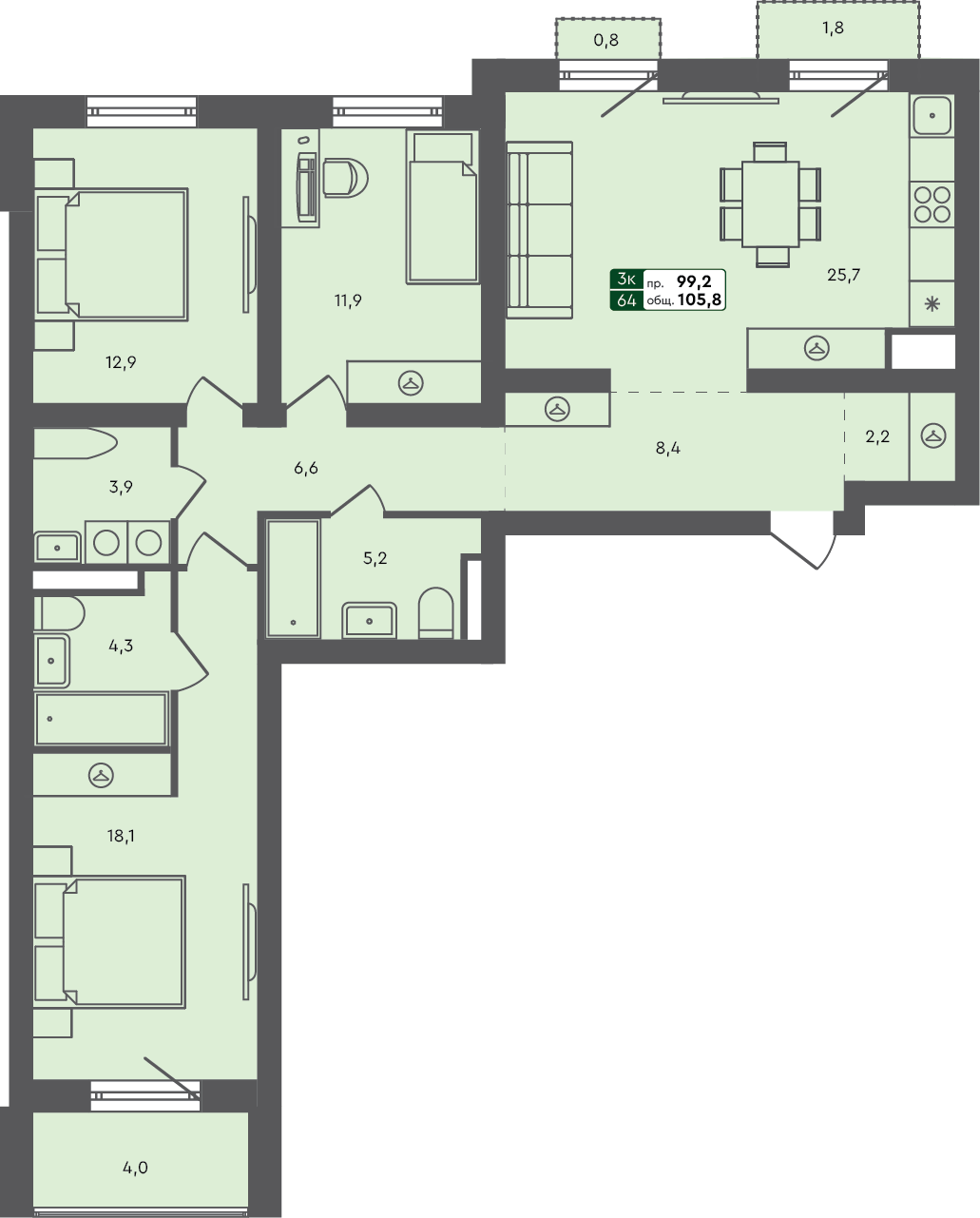 3-комн. квартира, 105.8 м², 3 из 7 этаж квартира