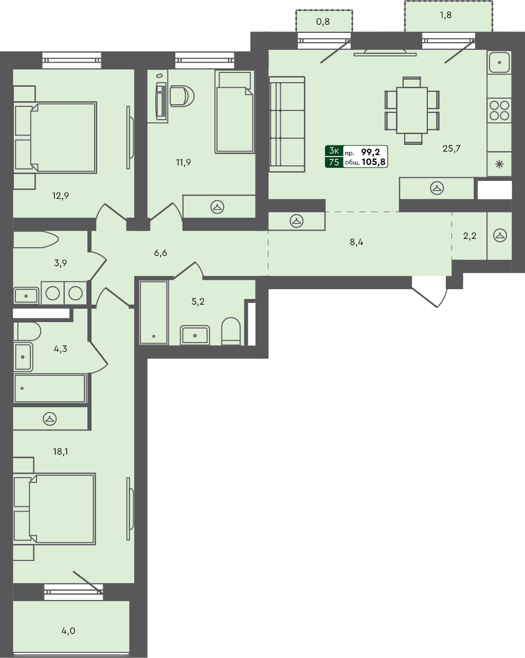 3-комн. квартира, 105.8 м², 2 из 7 этаж квартира