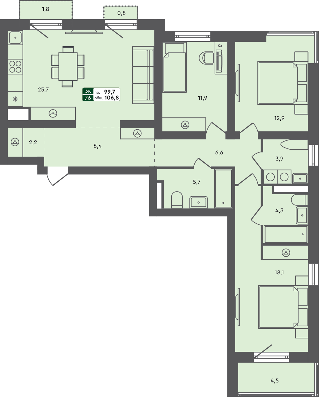 3-комн. квартира, 106.8 м², 2 из 7 этаж квартира