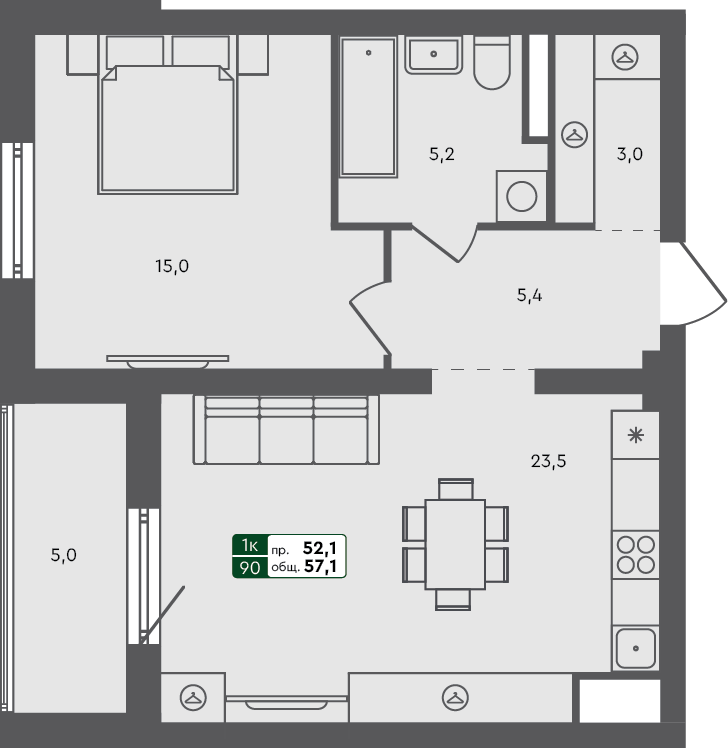 1-комн. квартира, 57.1 м², 2 из 3 этаж квартира
