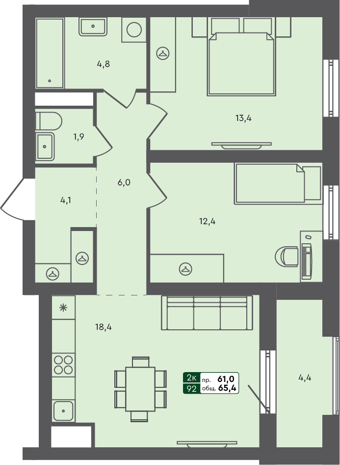 2-комн. квартира, 65.4 м², 2 из 3 этаж квартира