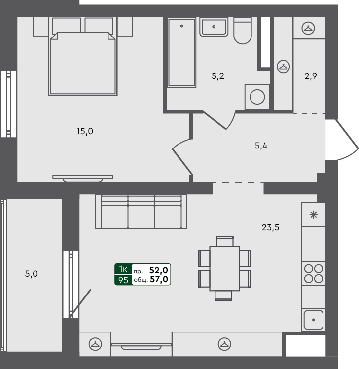 1-комн. квартира, 57 м², 3 из 3 этаж Планировка