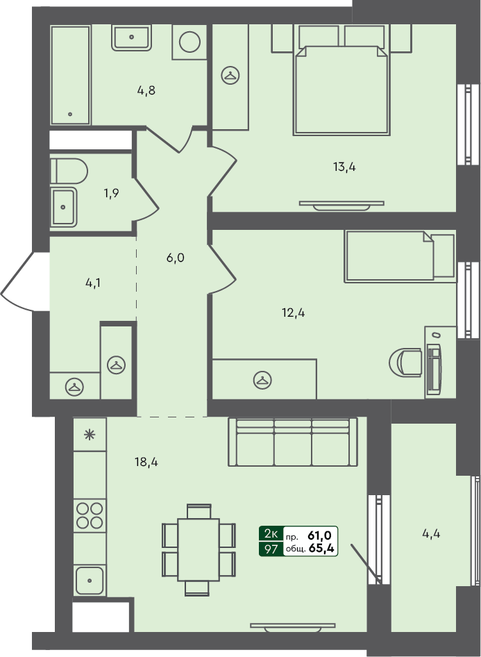 2-комн. квартира, 65.4 м², 3 из 3 этаж Планировка