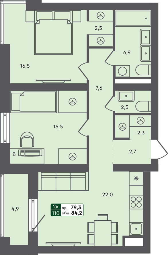 2-комн. квартира, 84.2 м², 2 из 3 этаж квартира
