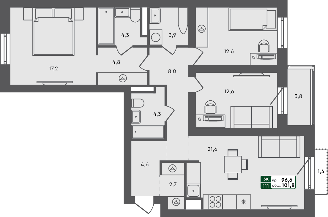 3-комн. квартира, 101.8 м², 2 из 6 этаж квартира