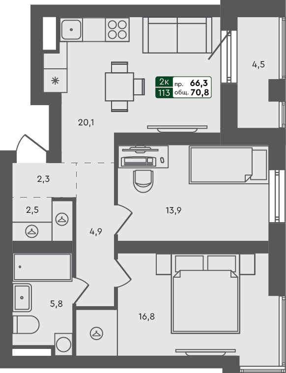 2-комн. квартира, 70.8 м², 2 из 3 этаж Планировка