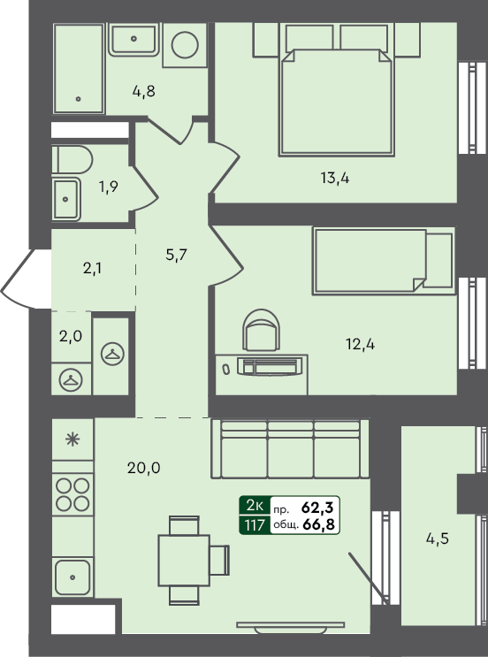 2-комн. квартира, 66.8 м², 3 из 3 этаж квартира