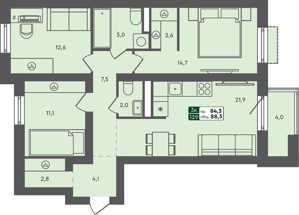 3-комн. квартира, 88.3 м², 2 из 3 этаж квартира