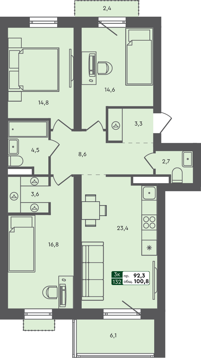 3-комн. квартира, 100.8 м², 2 из 3 этаж Планировка