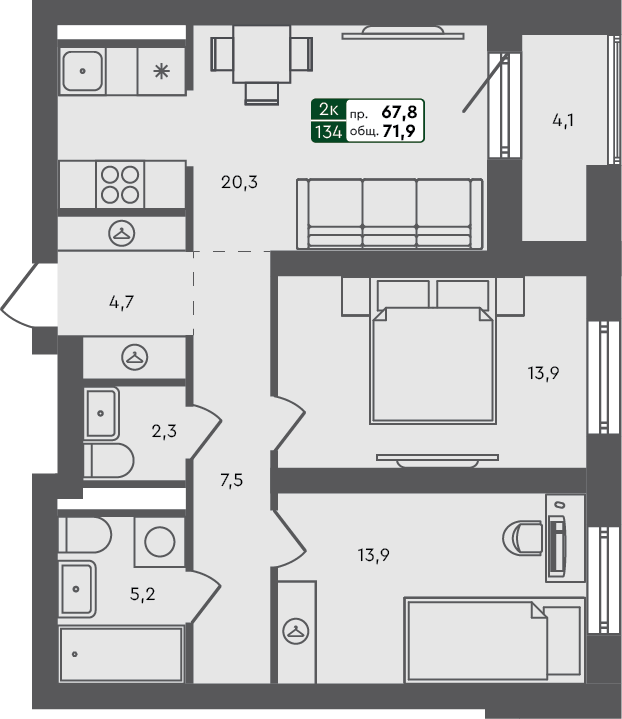 2-комн. квартира, 71.9 м², 3 из 3 этаж квартира
