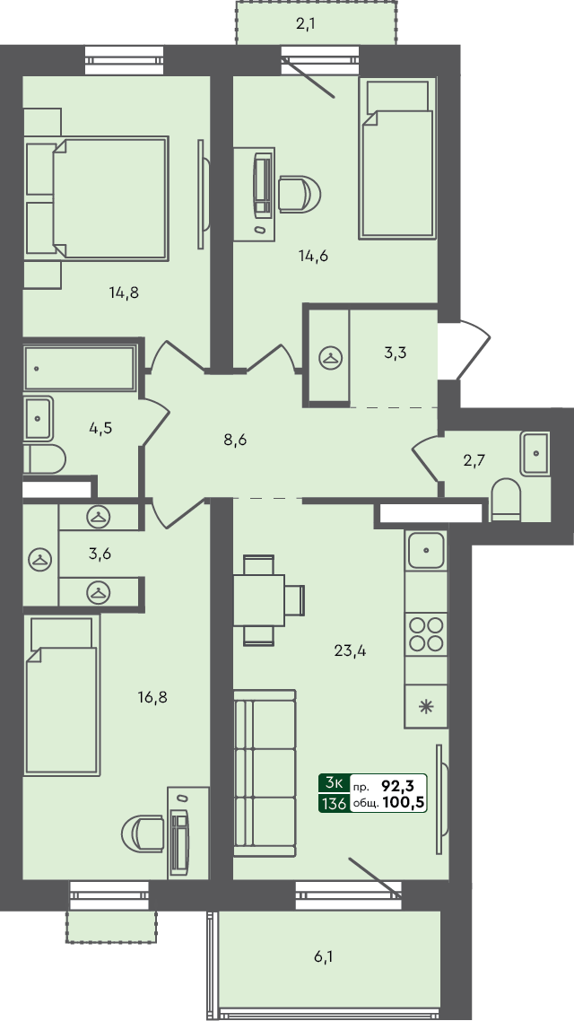 3-комн. квартира, 100.5 м², 3 из 5 этаж квартира