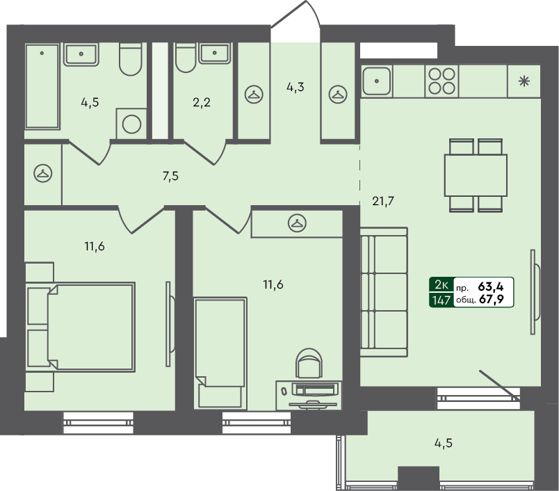 2-комн. квартира, 67.9 м², 2 из 3 этаж Планировка