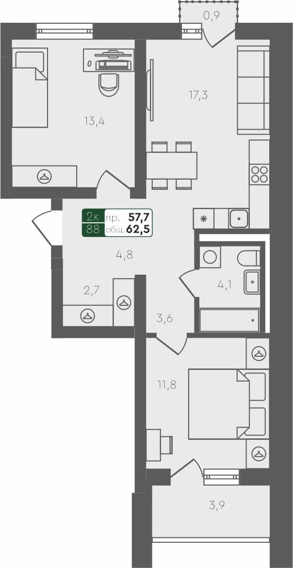 2-комн. квартира, 62.5 м², 4 из 4 этаж Планировка