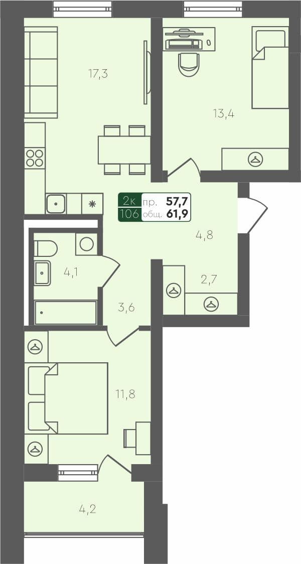 2-комн. квартира, 61.9 м², 4 из 4 этаж Планировка