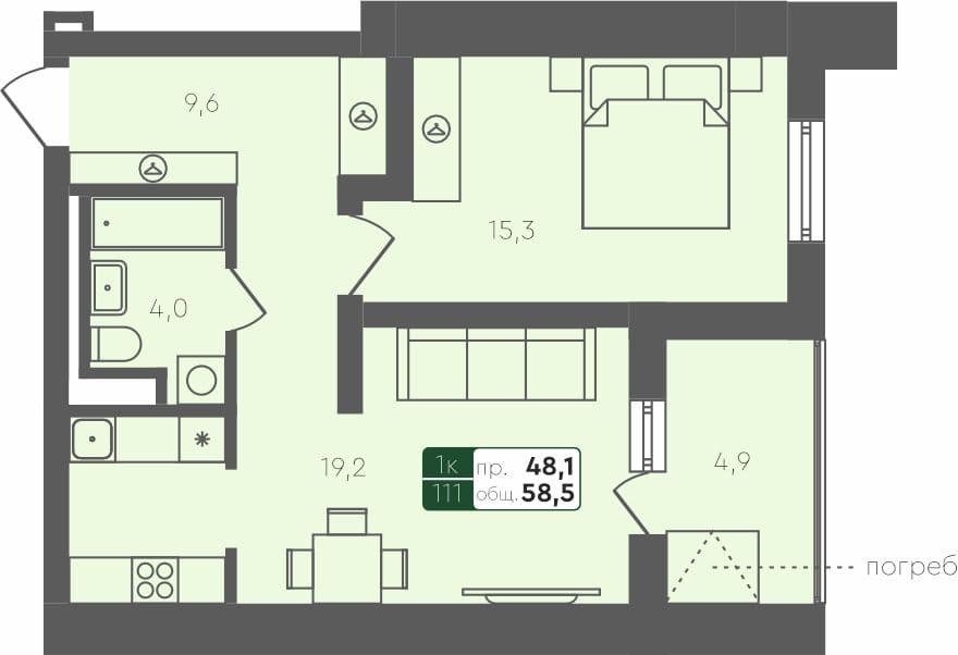 1-комн. квартира, 58.5 м², 1 из 4 этаж квартира