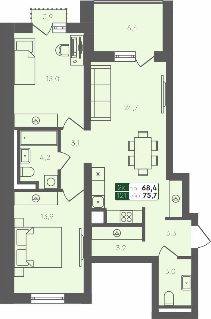 2-комн. квартира, 75.7 м², 3 из 4 этаж квартира