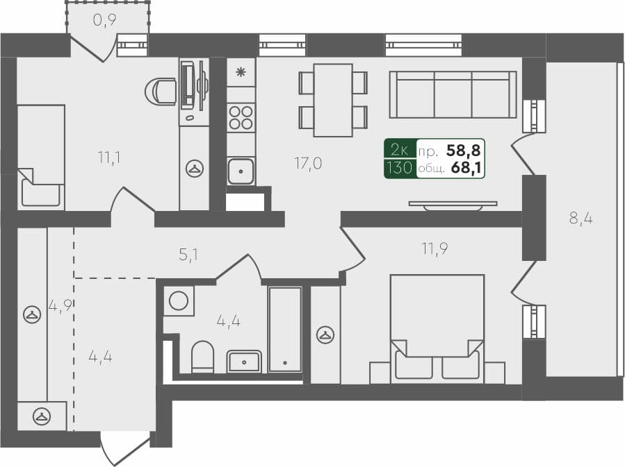 2-комн. квартира, 68.1 м², 4 из 4 этаж Планировка