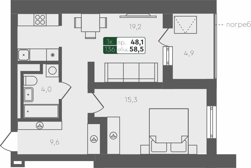 1-комн. квартира, 58.5 м², 1 из 4 этаж квартира