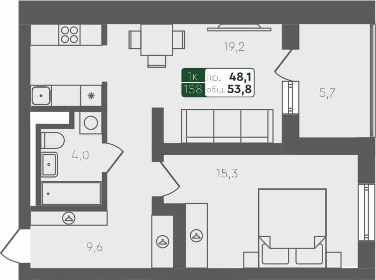 1-комн. квартира, 53.8 м², 4 из 4 этаж Планировка