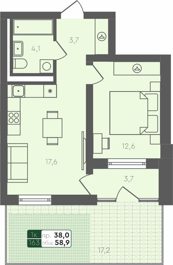 1-комн. квартира, 58.9 м², 1 из 4 этаж квартира