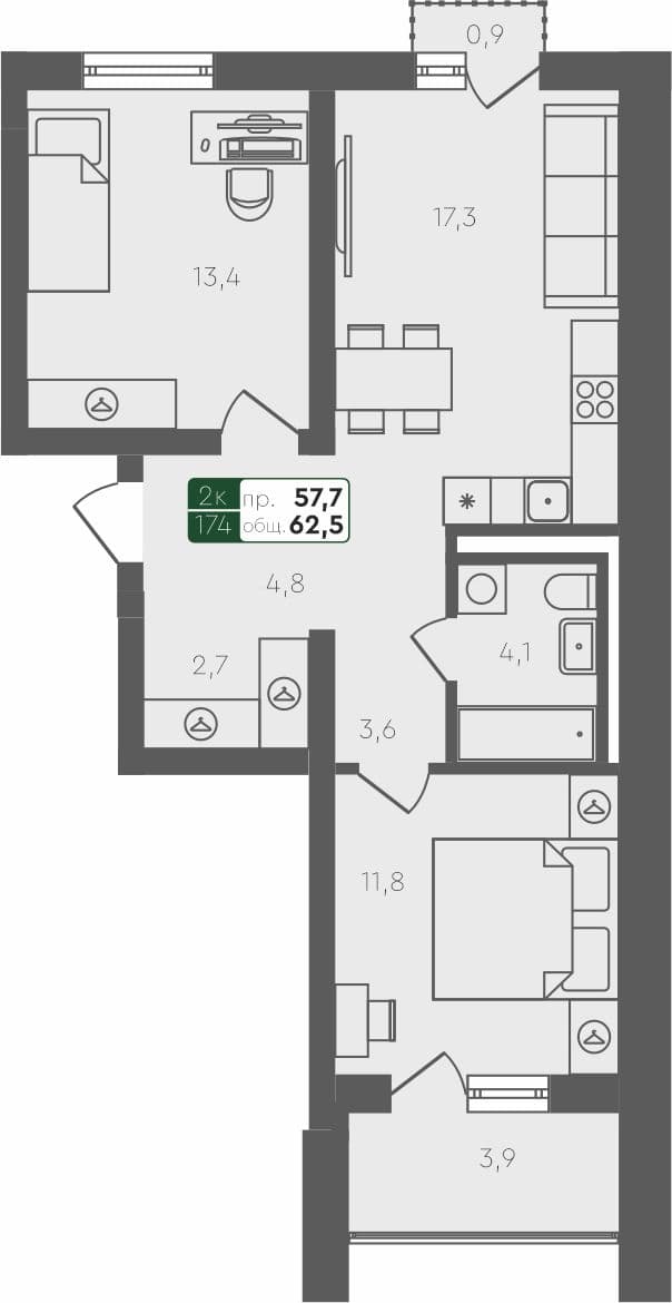 2-комн. квартира, 62.5 м², 4 из 4 этаж Планировка