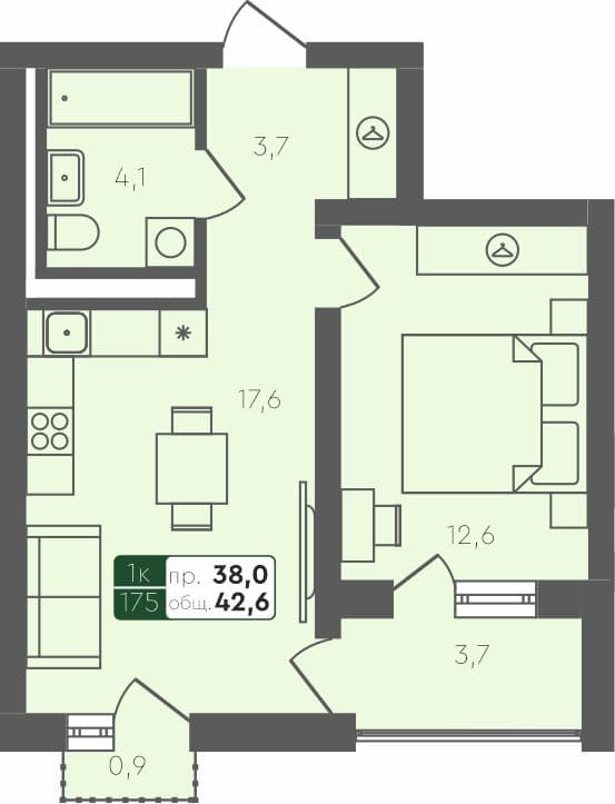 1-комн. квартира, 42.6 м², 4 из 4 этаж квартира