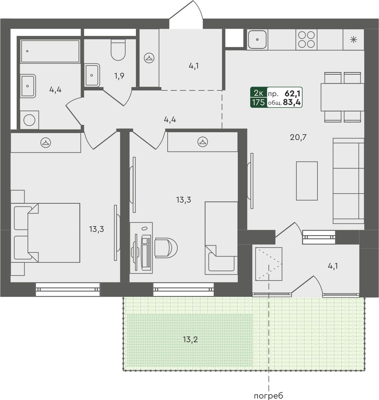 2-комн. квартира, 83.4 м², 1 из 4 этаж квартира