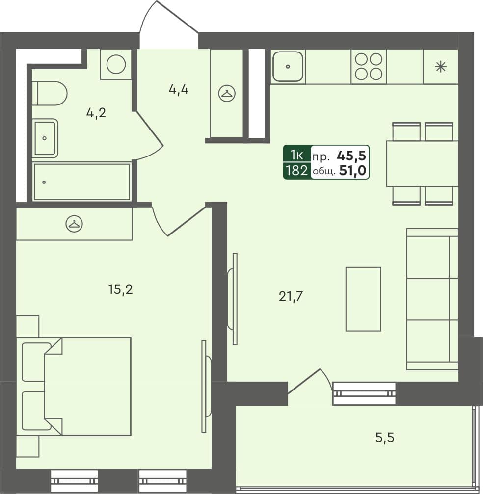 1-комн. квартира, 51 м², 3 из 4 этаж квартира
