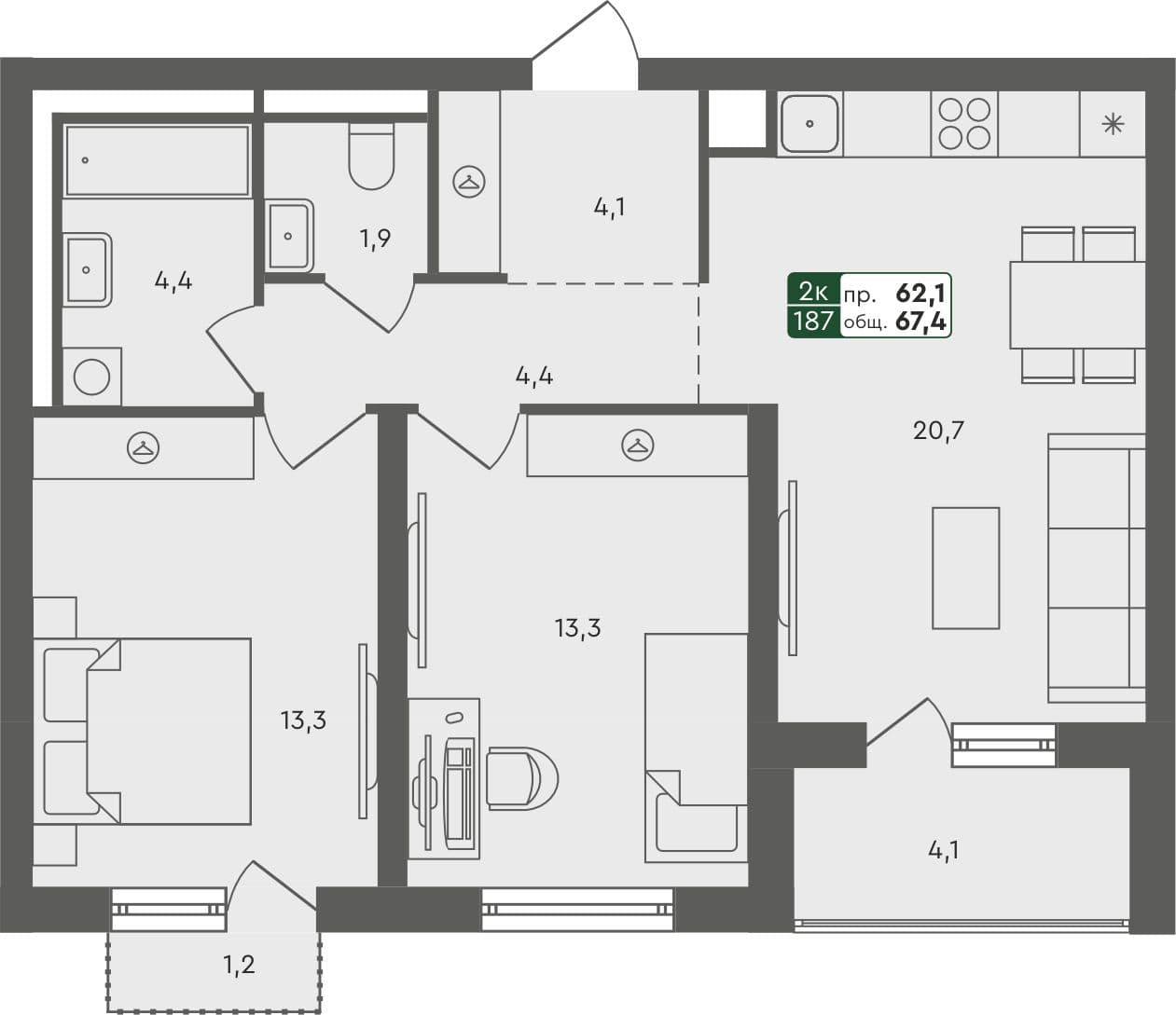 2-комн. квартира, 67.4 м², 4 из 4 этаж квартира