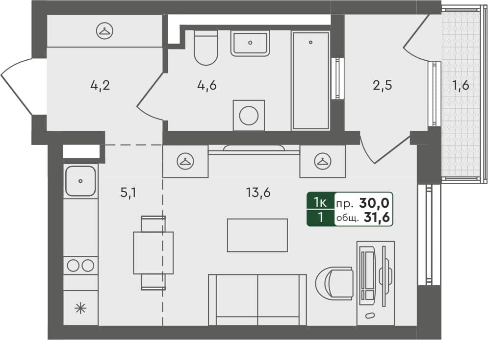 Студия квартира, 30 м², 1 из 4 этаж Планировка