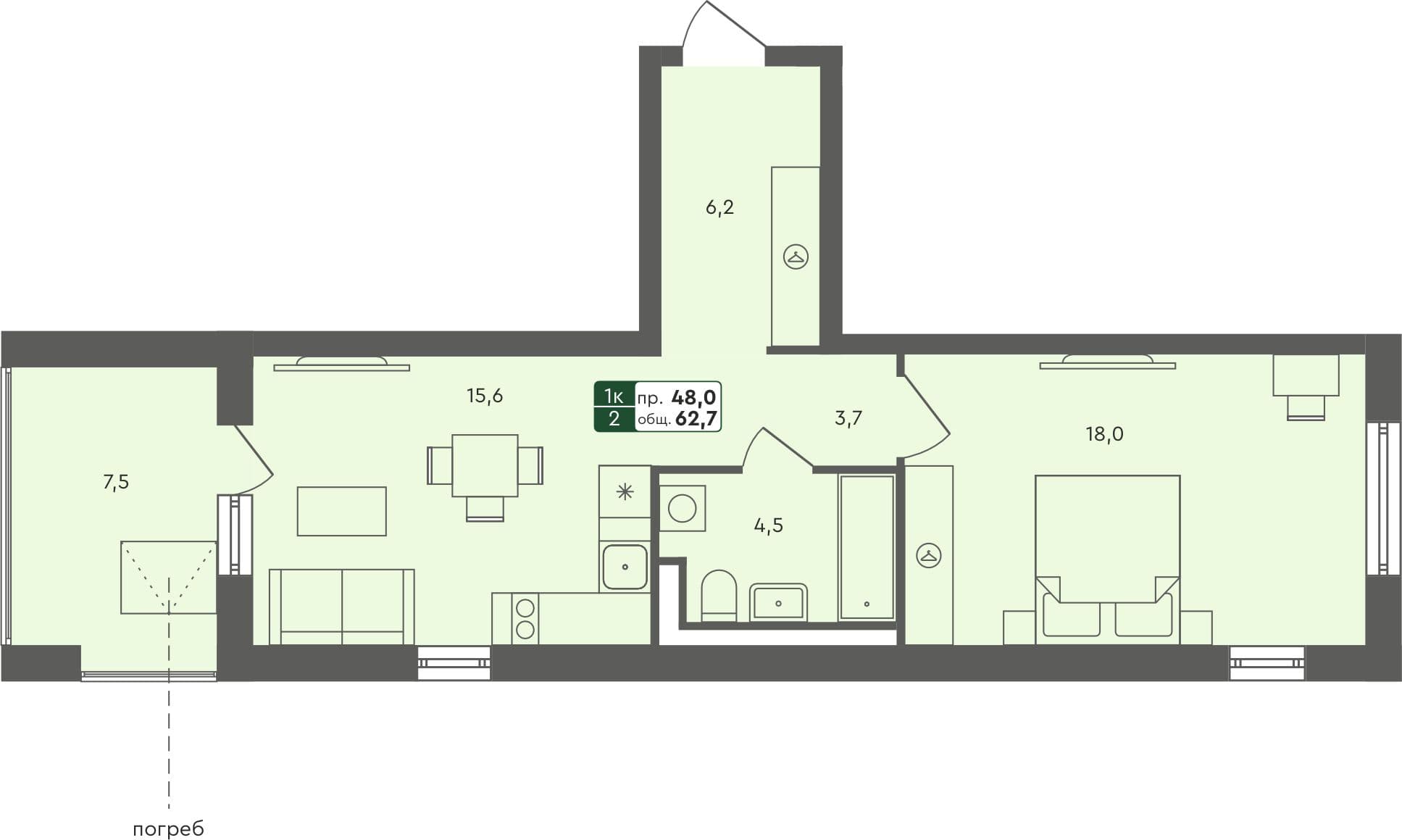 1-комн. квартира, 61.9 м², 1 из 4 этаж квартира
