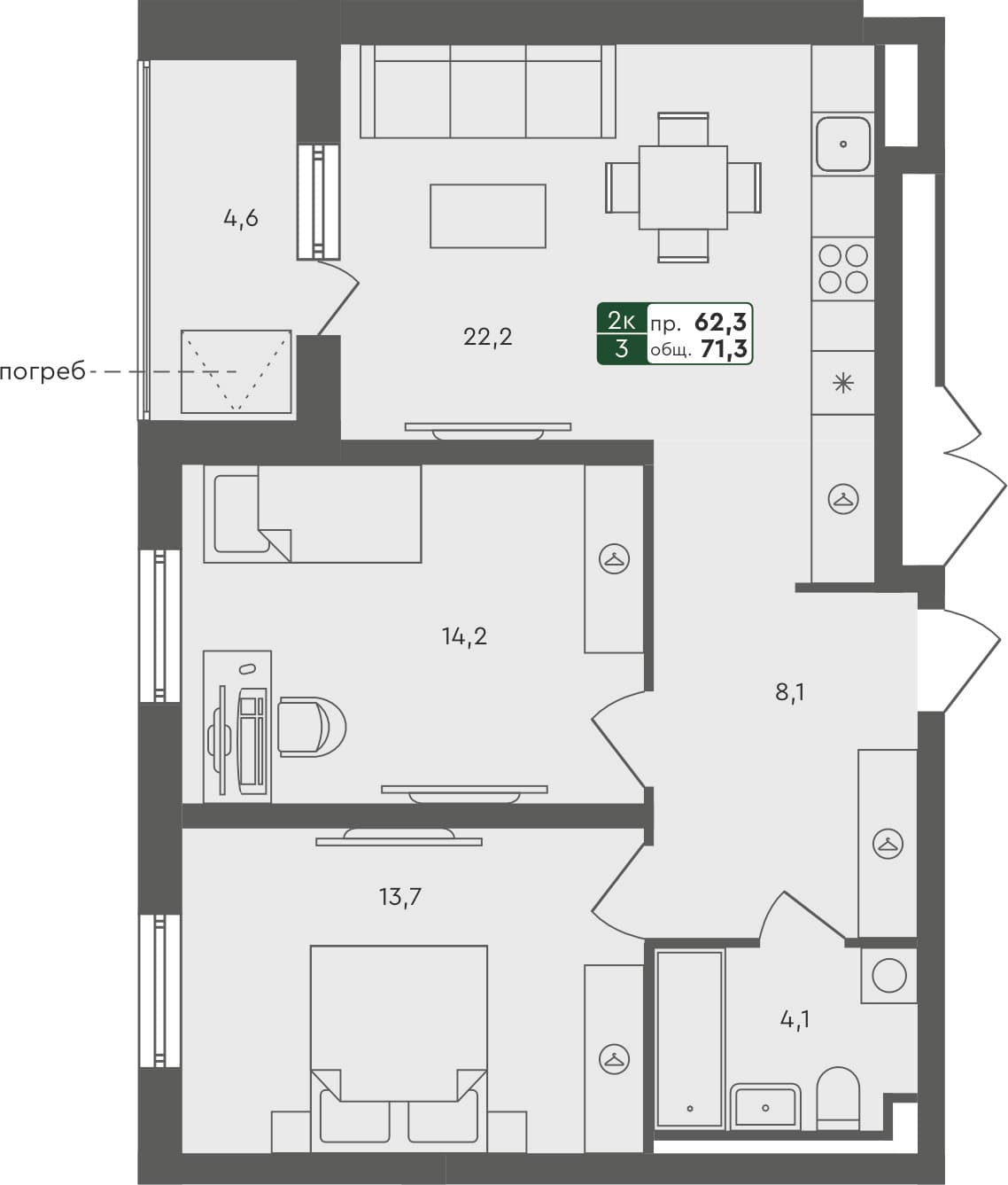 2-комн. квартира, 70.4 м², 1 из 4 этаж квартира