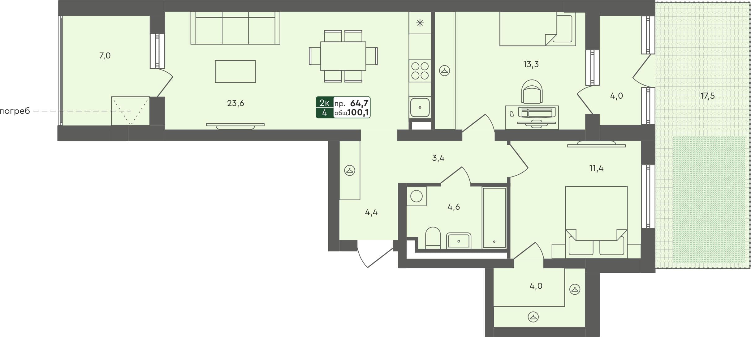 2-комн. квартира, 99.8 м², 1 из 4 этаж квартира