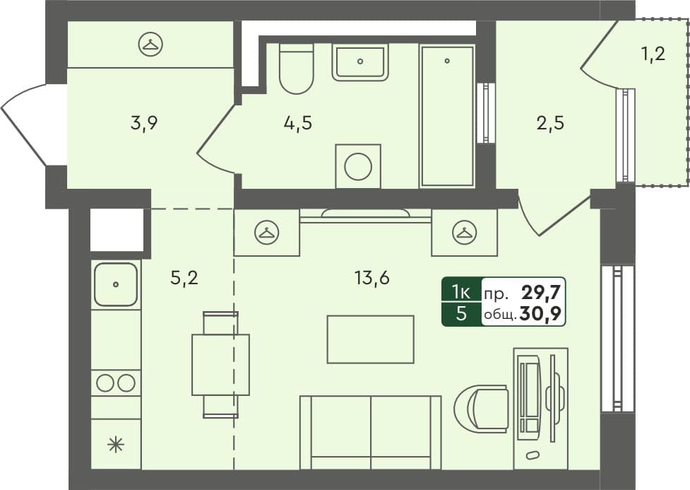 Студия квартира, 30.9 м², 2 из 4 этаж Планировка