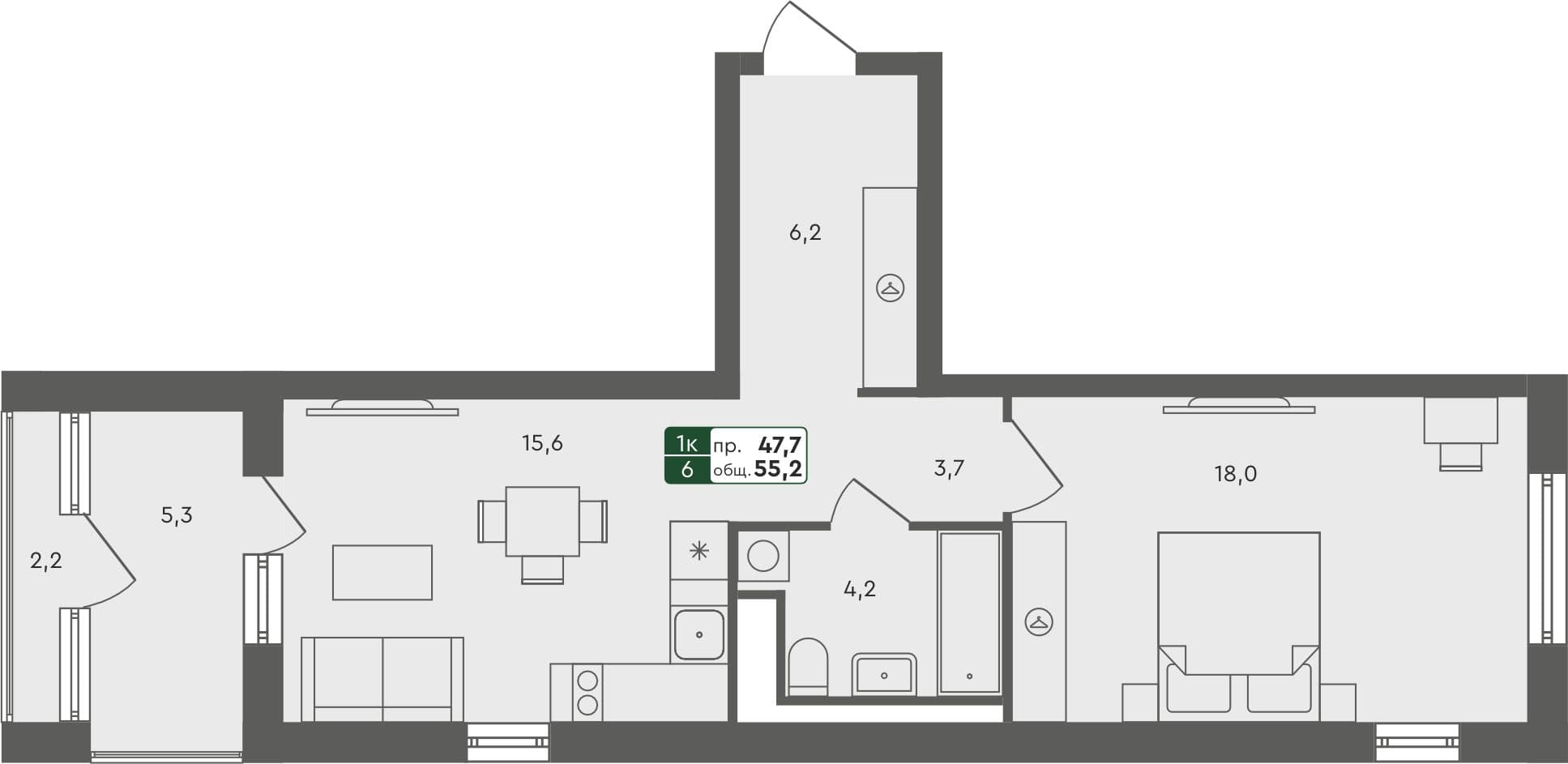 1-комн. квартира, 55.2 м², 2 из 4 этаж Планировка