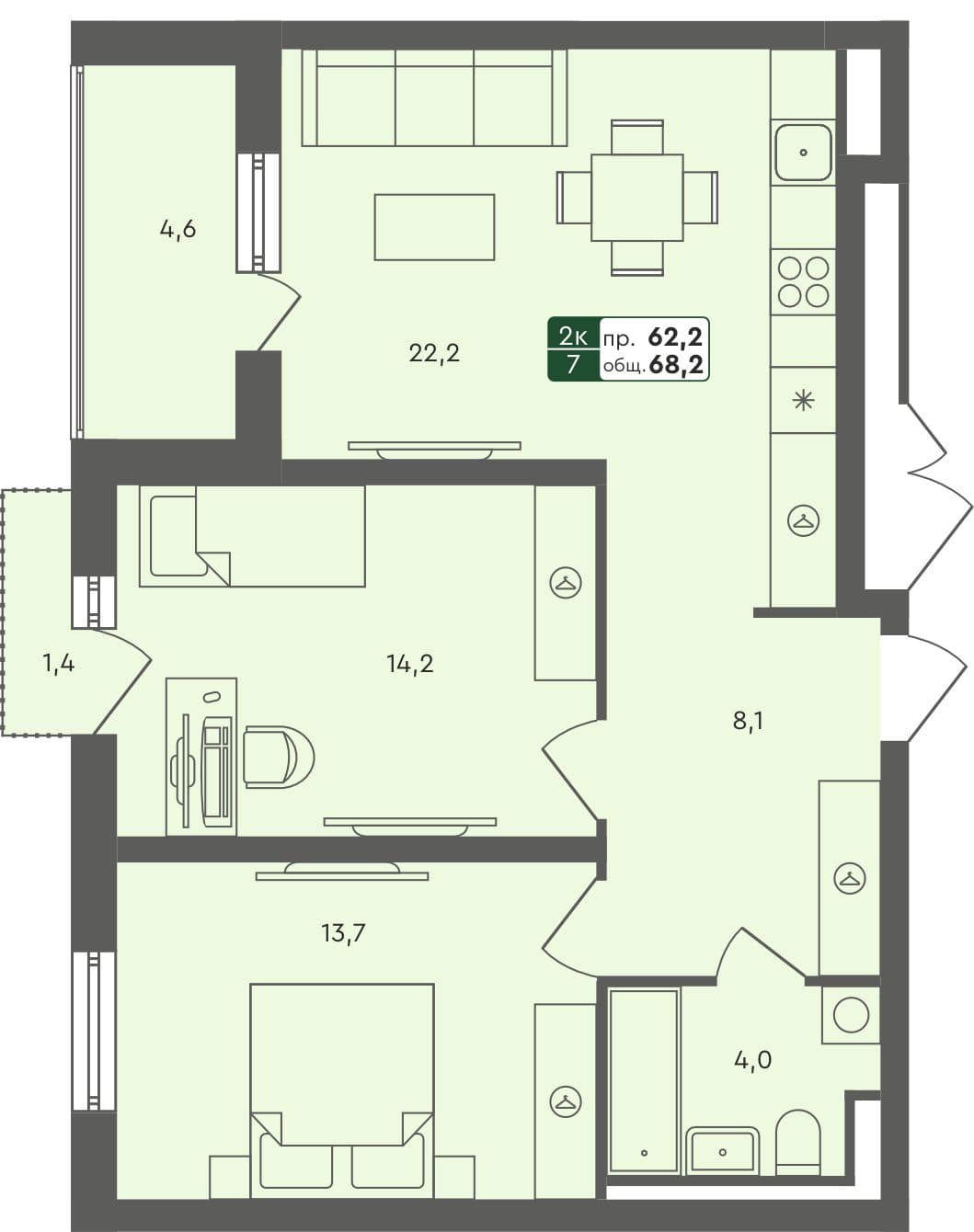 2-комн. квартира, 68.2 м², 2 из 4 этаж квартира