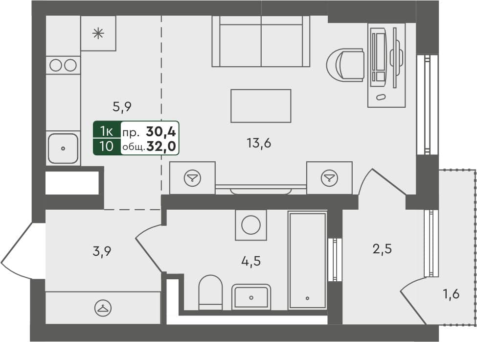 Студия квартира, 32 м², 2 из 4 этаж Планировка