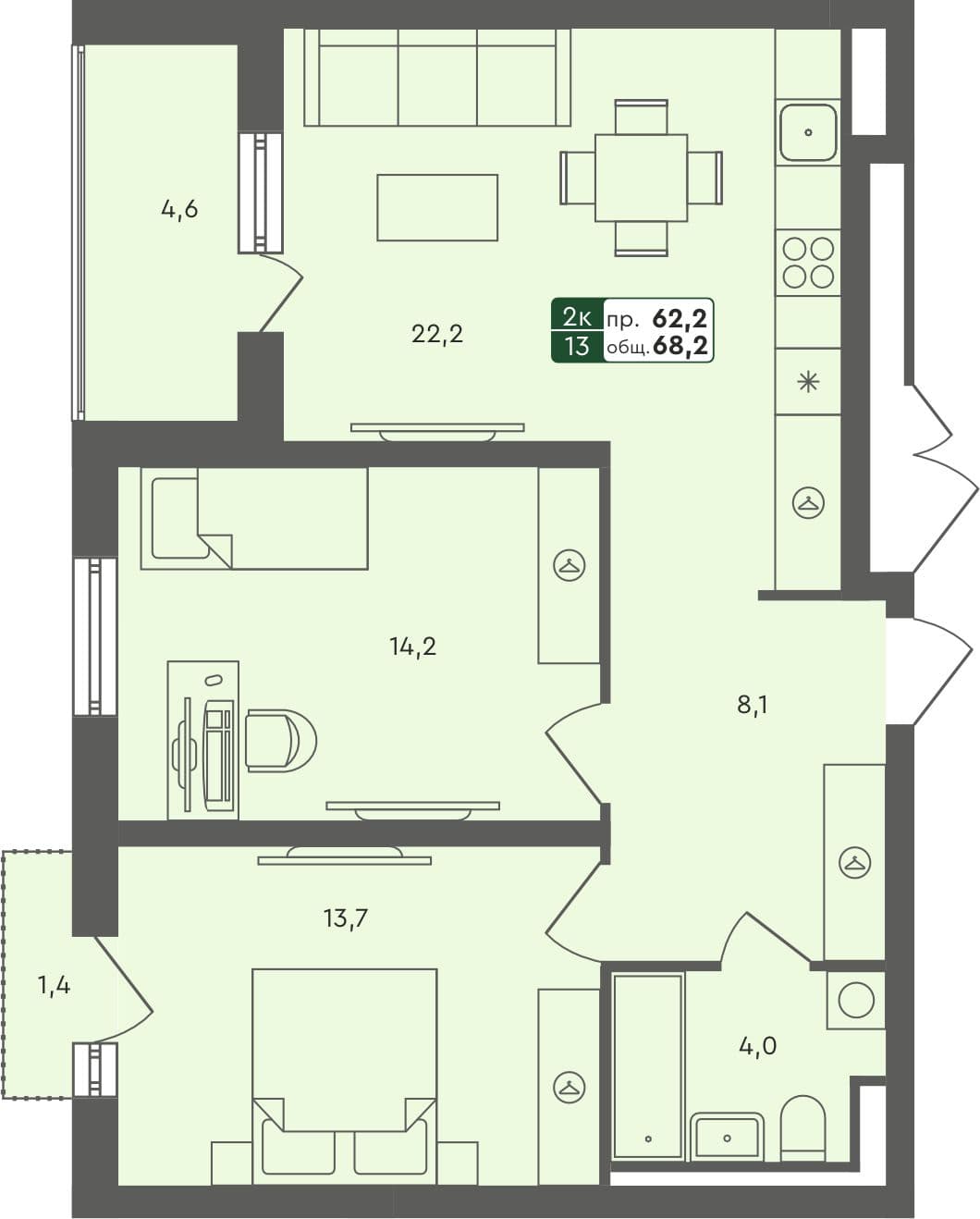 2-комн. квартира, 68.2 м², 3 из 4 этаж Планировка