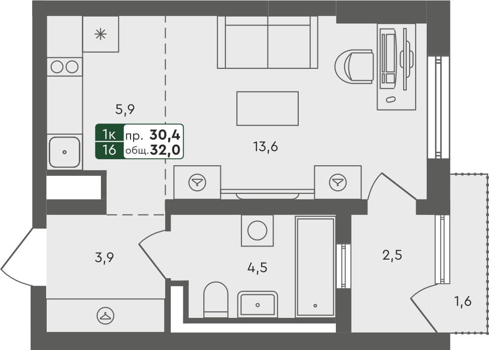 Студия квартира, 32 м², 3 из 4 этаж квартира