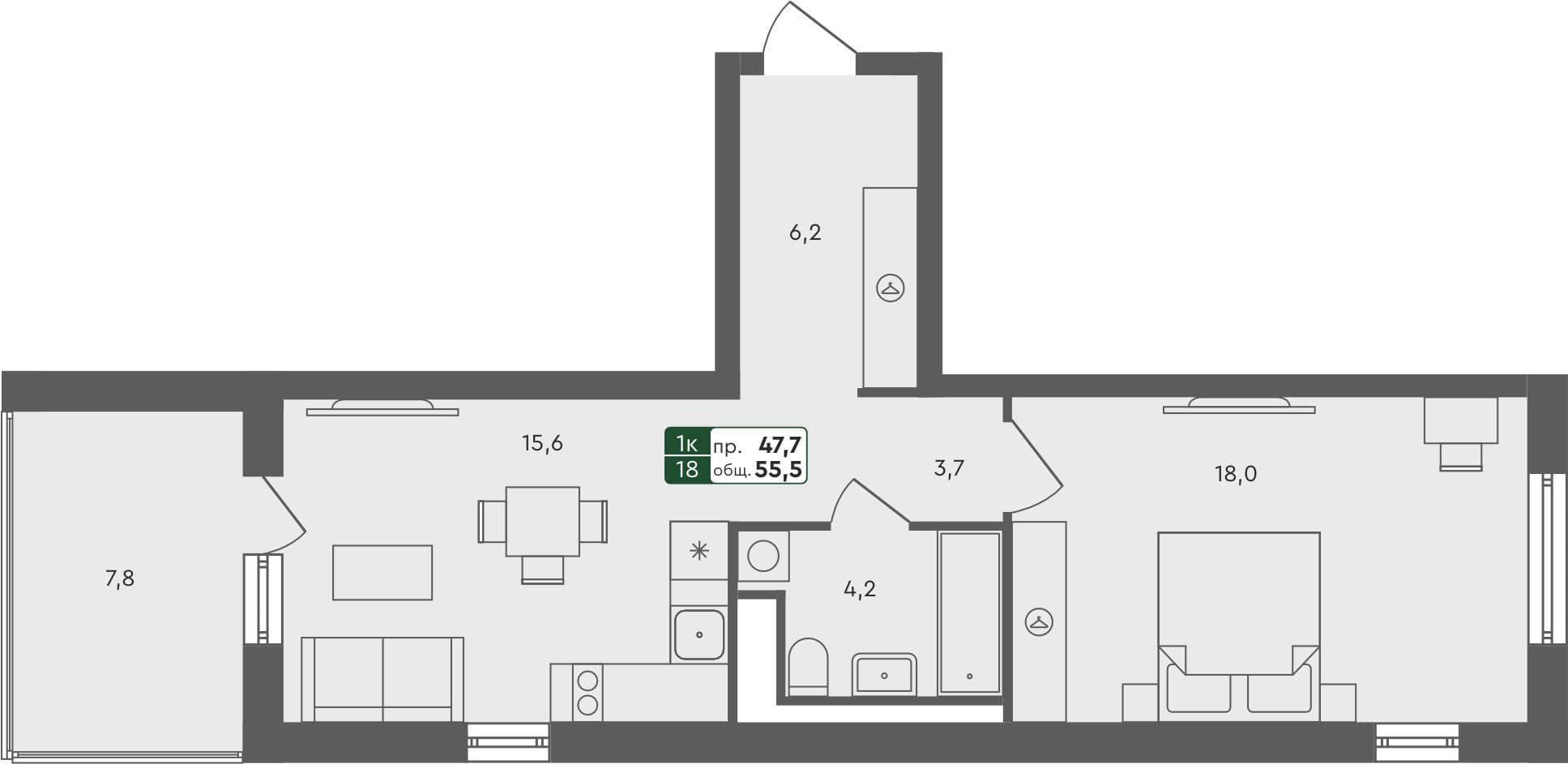 1-комн. квартира, 54.6 м², 4 из 4 этаж квартира