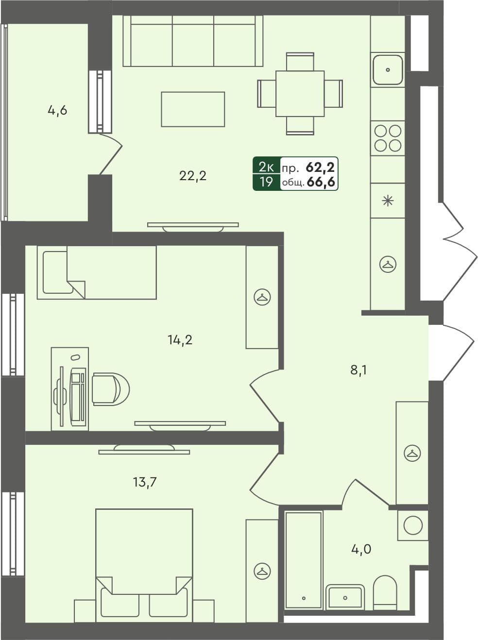 2-комн. квартира, 66.6 м², 4 из 4 этаж Планировка