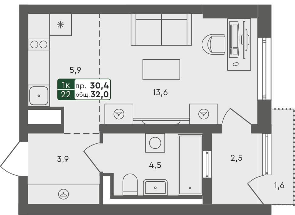 Студия квартира, 32 м², 4 из 4 этаж Планировка