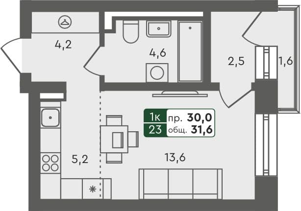 Студия квартира, 30 м², 1 из 4 этаж Планировка
