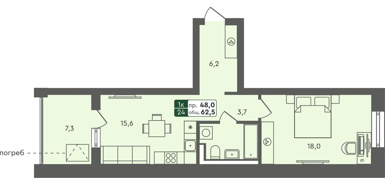 1-комн. квартира, 61.7 м², 1 из 4 этаж квартира