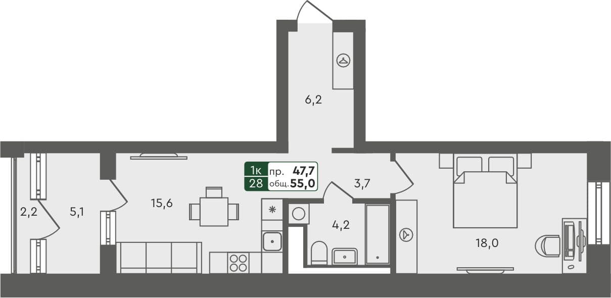 1-комн. квартира, 55 м², 2 из 4 этаж Планировка