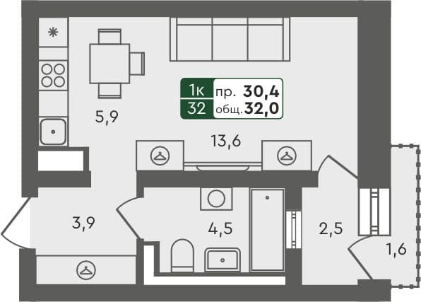 Студия квартира, 32 м², 2 из 4 этаж Планировка